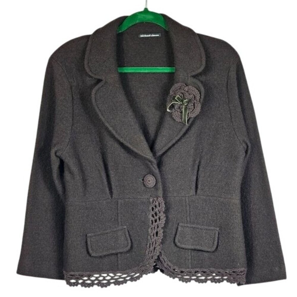 Michael Simon Wool Crochet Trim Jacket‎ M Brown Velvet Flower Cottagecore Artsy